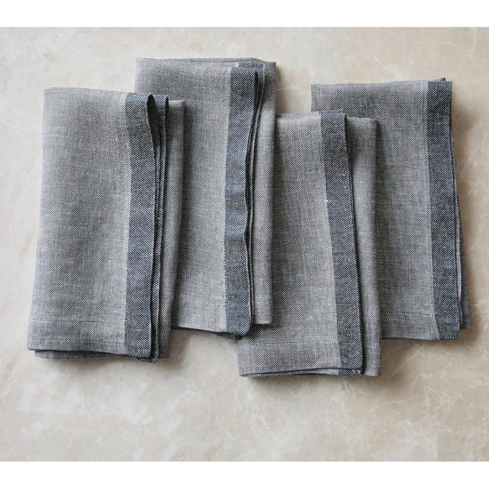 West Elm Contrast Border Linen Napkins Set of 4 Storm Gray Slate Blue 18x18